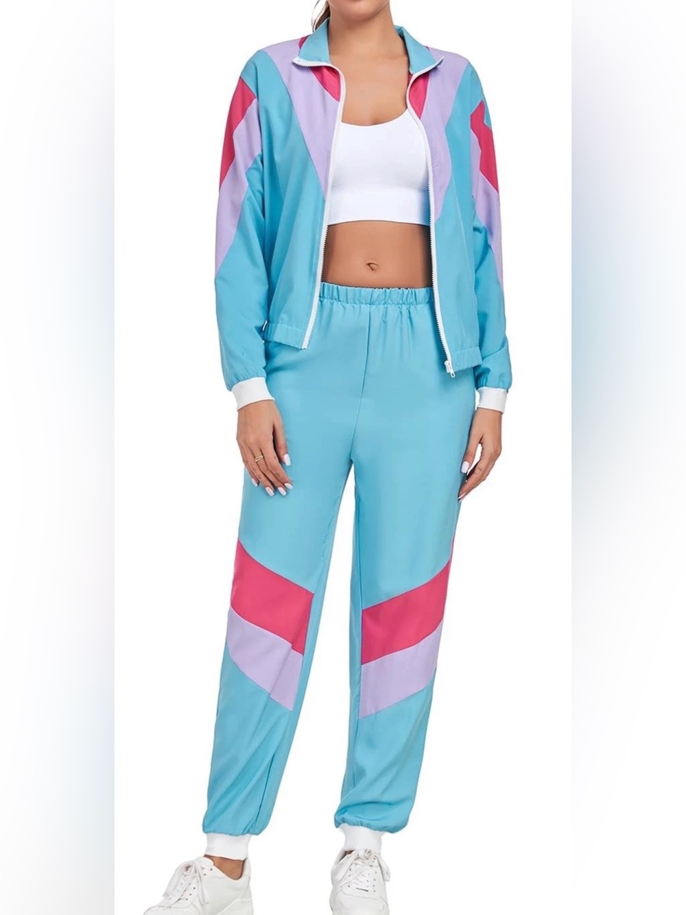 NWT Women’s 80s Windbreaker Tracksuit Blue Pink Costume Cosplay Party - Size L